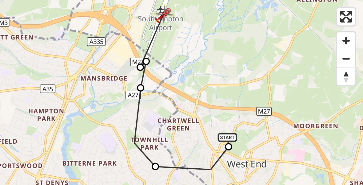 Flight route Air Ambulance Helicopter Eastleigh - Southampton Airport, 22 September 2026, 10:37