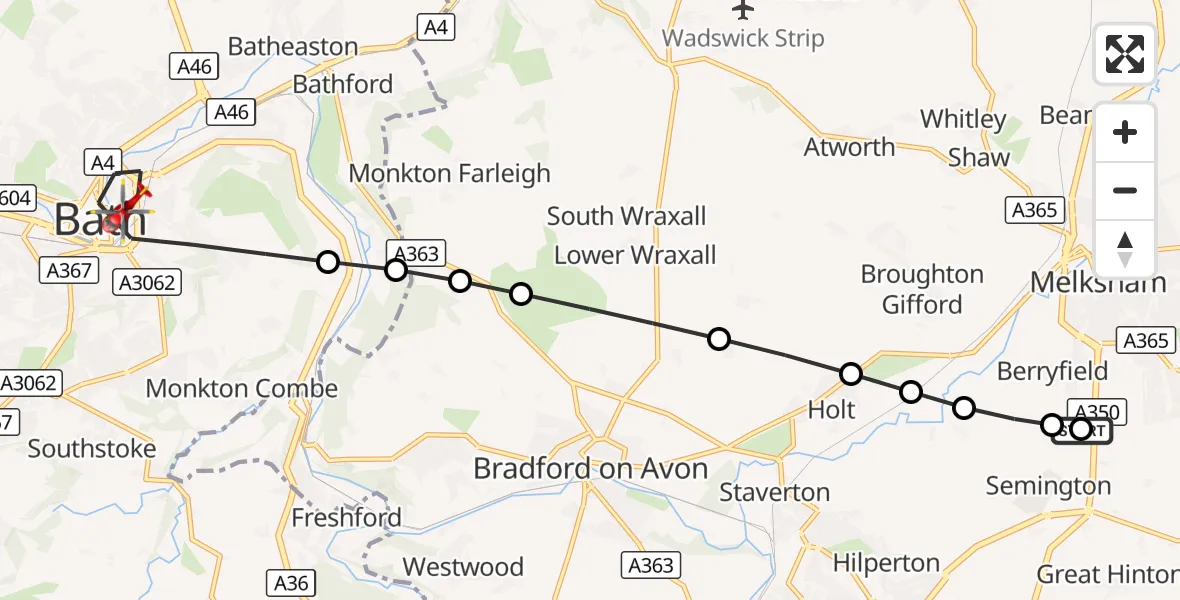 Flight route Air Ambulance Helicopter Wiltshire Air Ambulance - Bath, 22 September 2026, 10:38