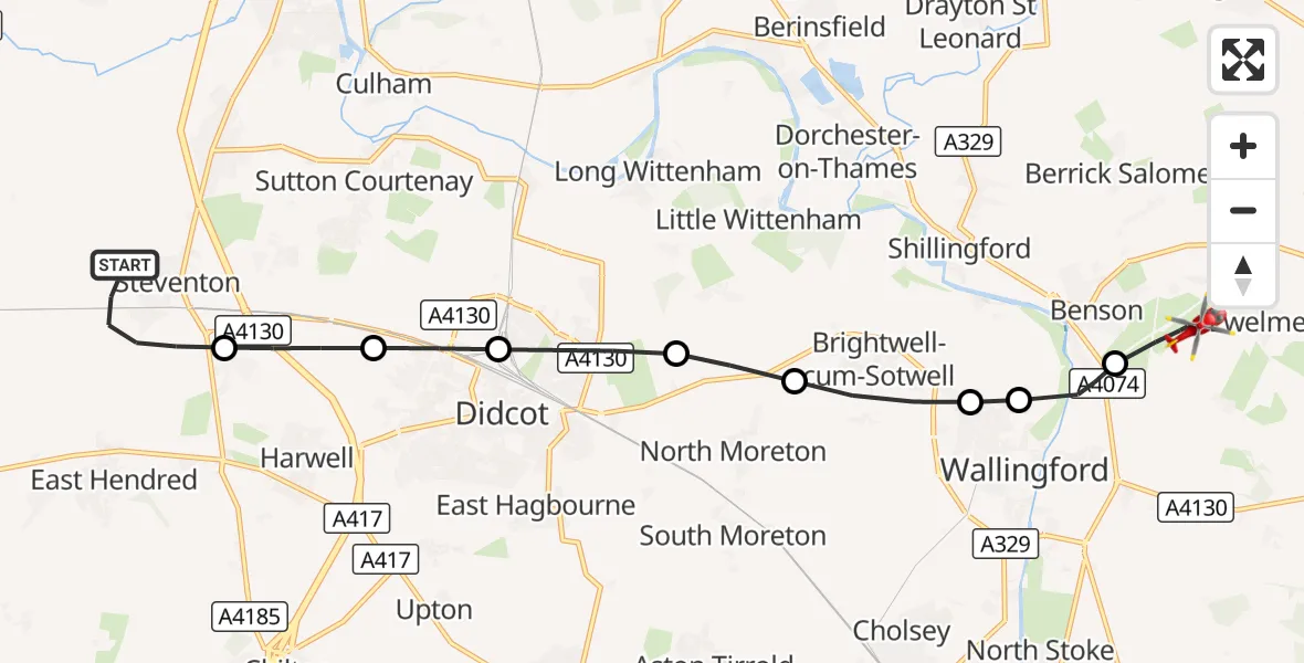 Flight route Air Ambulance Helicopter Steventon - RAF Benson, 22 September 2026, 10:40
