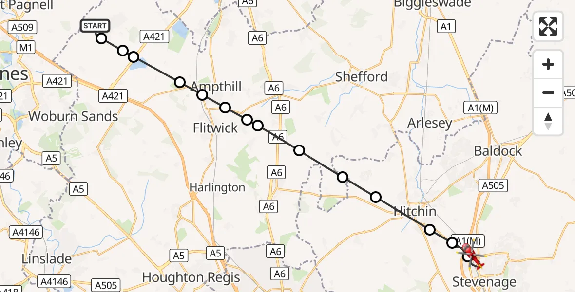 Flight route Air Ambulance Helicopter Cranfield Airport - Stevenage, 22 September 2026, 10:47