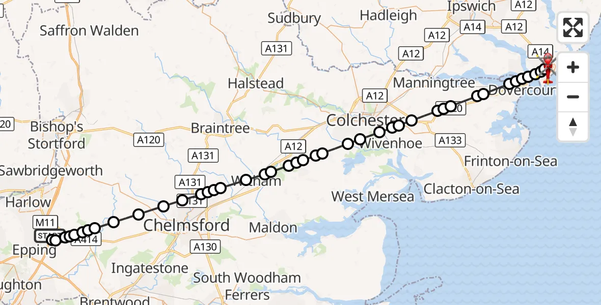 Flight route Air Ambulance Helicopter North Weald Airfield - Felixstowe, 22 September 2026, 10:53