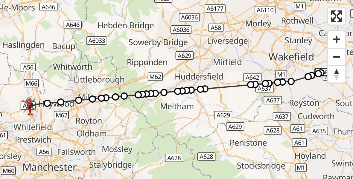Flight route Air Ambulance Helicopter YAA Nostell Helicopter Port - Bury, 22 September 2026, 11:02
