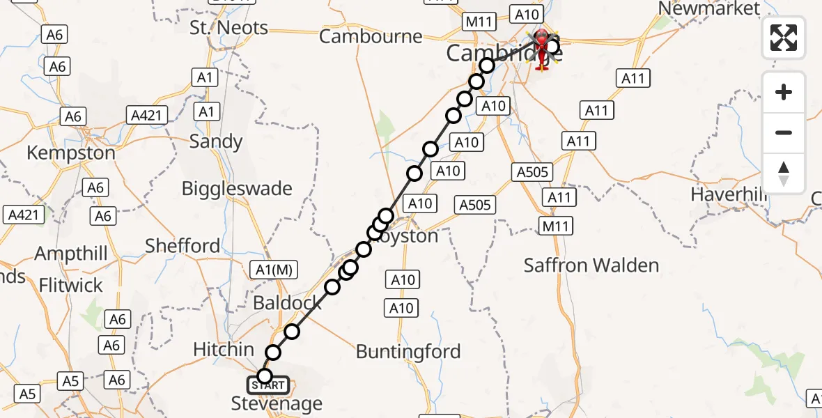 Flight route Air Ambulance Helicopter Stevenage - Cambridge City Airport, 22 September 2026, 11:14