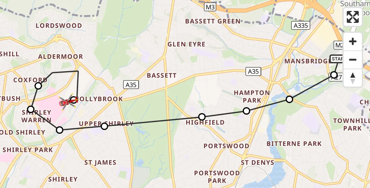 Flight route Air Ambulance Helicopter Southampton Airport - Shirley, 22 September 2026, 11:15