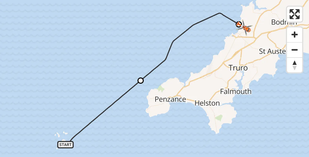 Flight route Coastguard Helicopter North Atlantic Ocean - Carloggas, 22 September 2026, 11:37