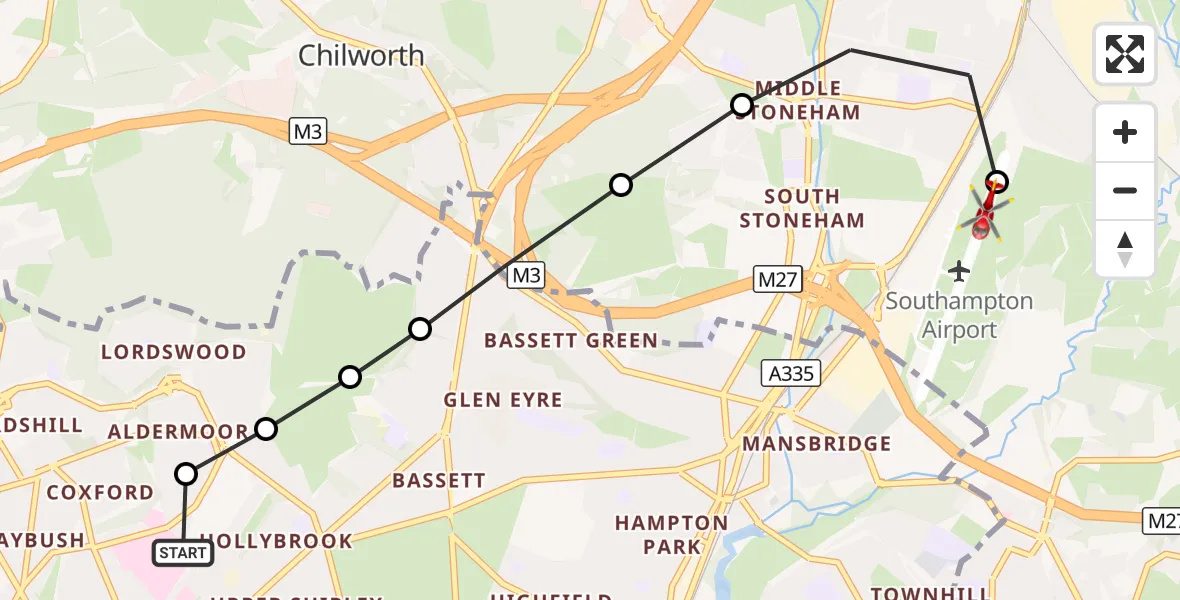 Flight route Air Ambulance Helicopter University Hospital Southampton - Southampton Airport, 22 September 2026, 11:40