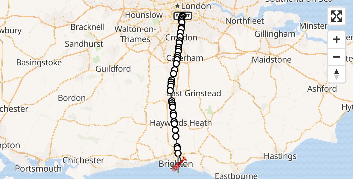 Flight route Air Ambulance Helicopter Kings College London Hospital - Brighton, 22 September 2026, 11:58