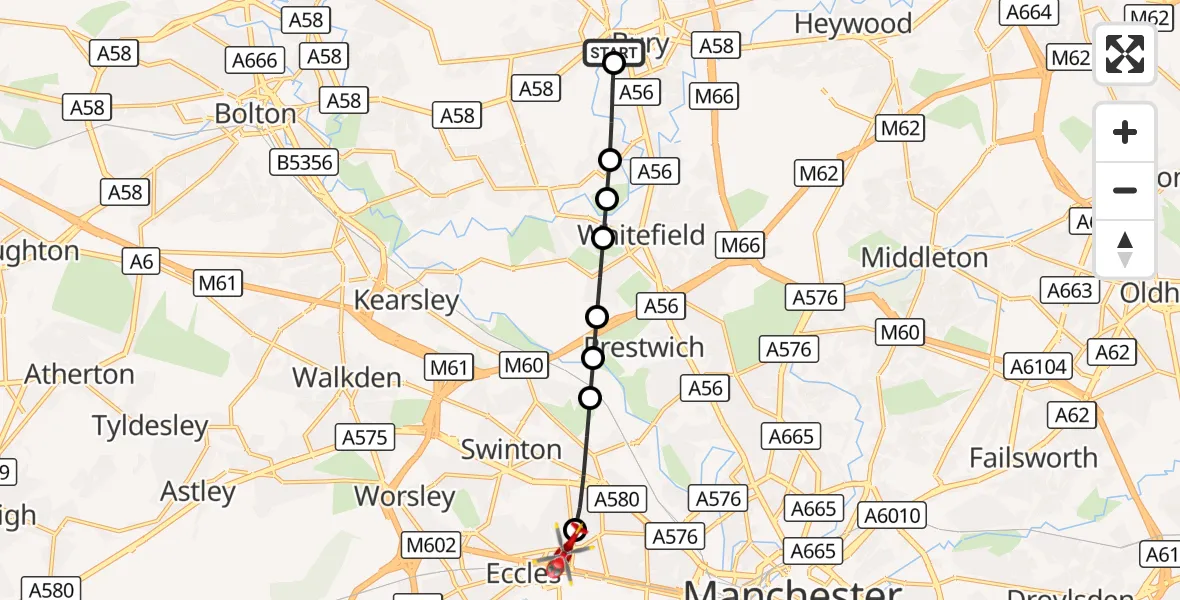 Flight route Air Ambulance Helicopter Bury - Eccles, 22 September 2026, 12:06
