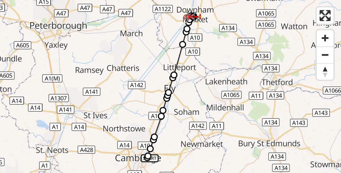 Flight route Air Ambulance Helicopter Cambridge City Airport - King's Lynn and West Norfolk, 22 September 2026, 12:11