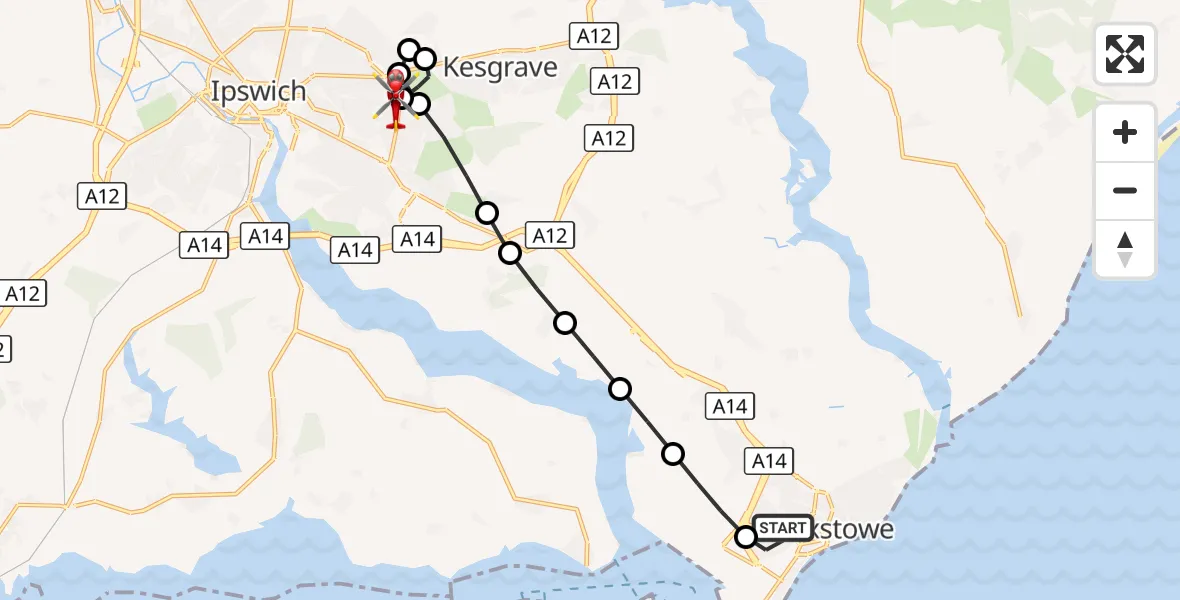 Flight route Air Ambulance Helicopter Felixstowe - Rushmere St Andrew, 22 September 2026, 12:13