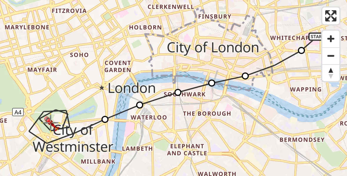Flight route Air Ambulance Helicopter Royal London Hospital - City of Westminster, 22 September 2026, 12:14