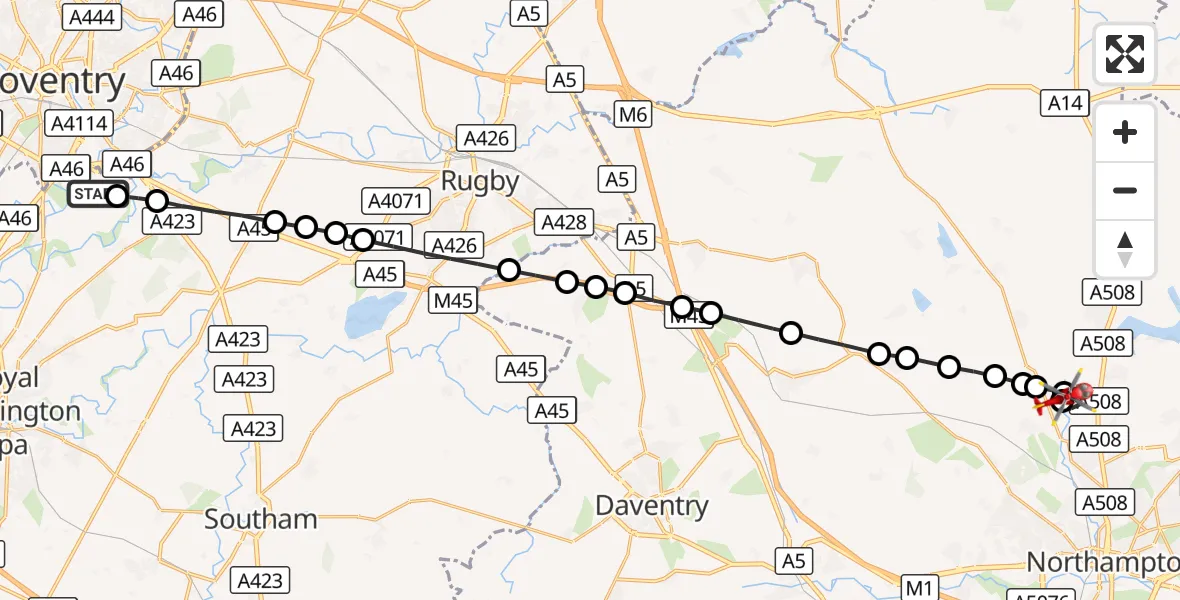 Flight route Air Ambulance Helicopter Coventry Airport - Pitsford, 22 September 2026, 12:24