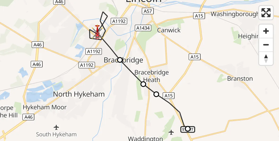 Flight route Air Ambulance Helicopter RAF Waddington - Bracebridge, 22 September 2026, 12:27