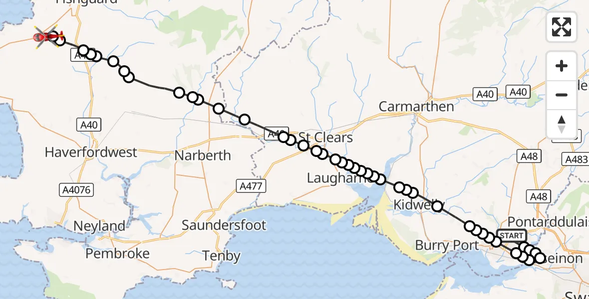 Flight route Air Ambulance Helicopter Dafen - Pencaer, 22 September 2026, 12:29