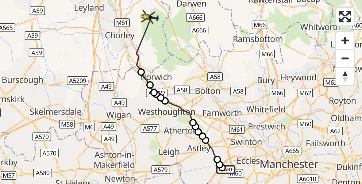 Flight route Police Helicopter Manchester Barton Aerodrome - Chorley, 22 September 2026, 12:47