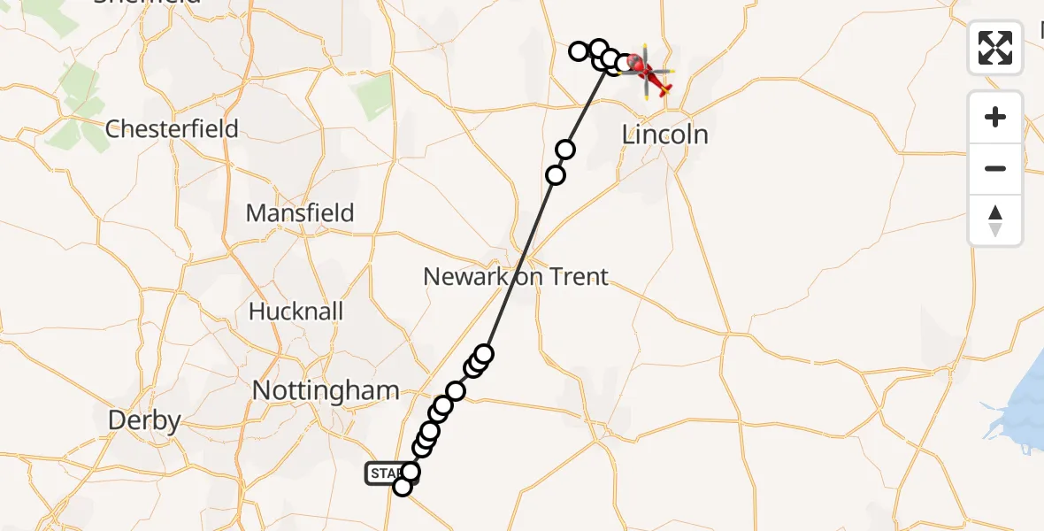Flight route Air Ambulance Helicopter Rushcliffe - West Lindsey, 22 September 2026, 12:52