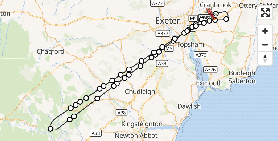 Flight route Air Ambulance Helicopter Exeter International Airport - Exeter International Airport, 22 September 2026, 13:10