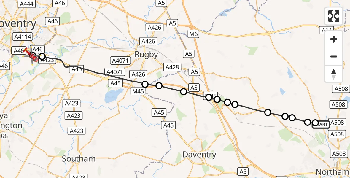 Flight route Air Ambulance Helicopter Chapel Brampton - Coventry Airport, 22 September 2026, 13:11
