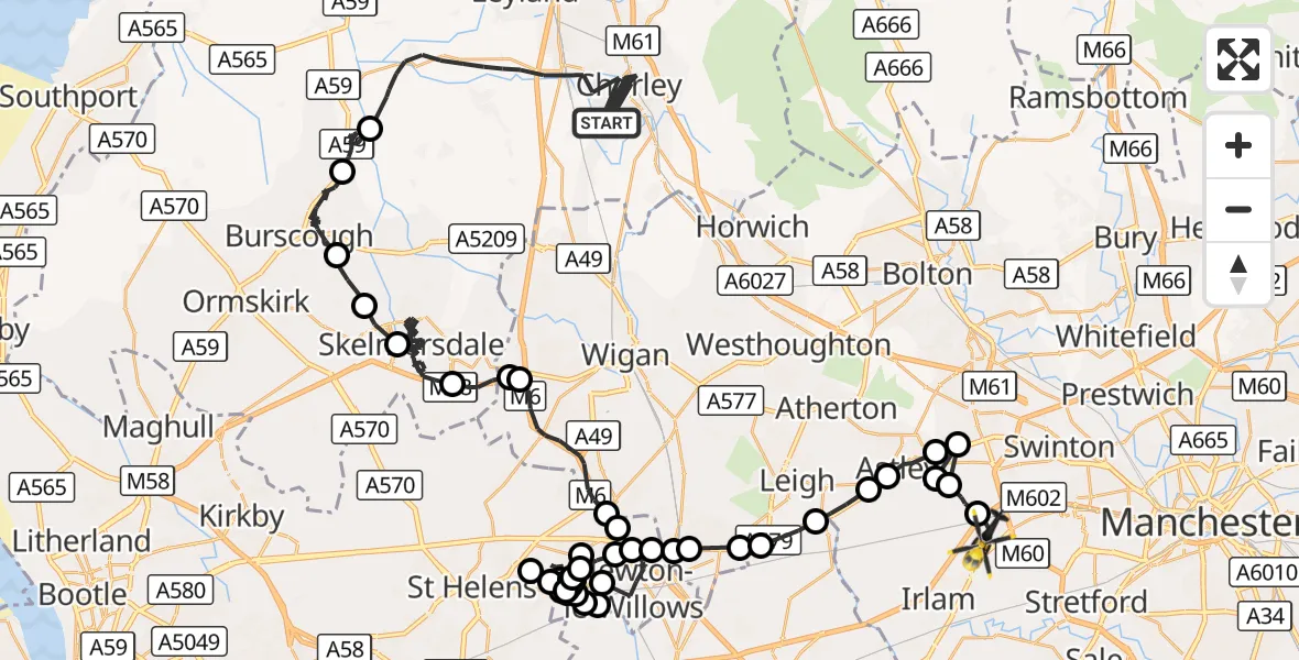 Flight route Police Helicopter Chorley - Manchester Barton Aerodrome, 22 September 2026, 13:14