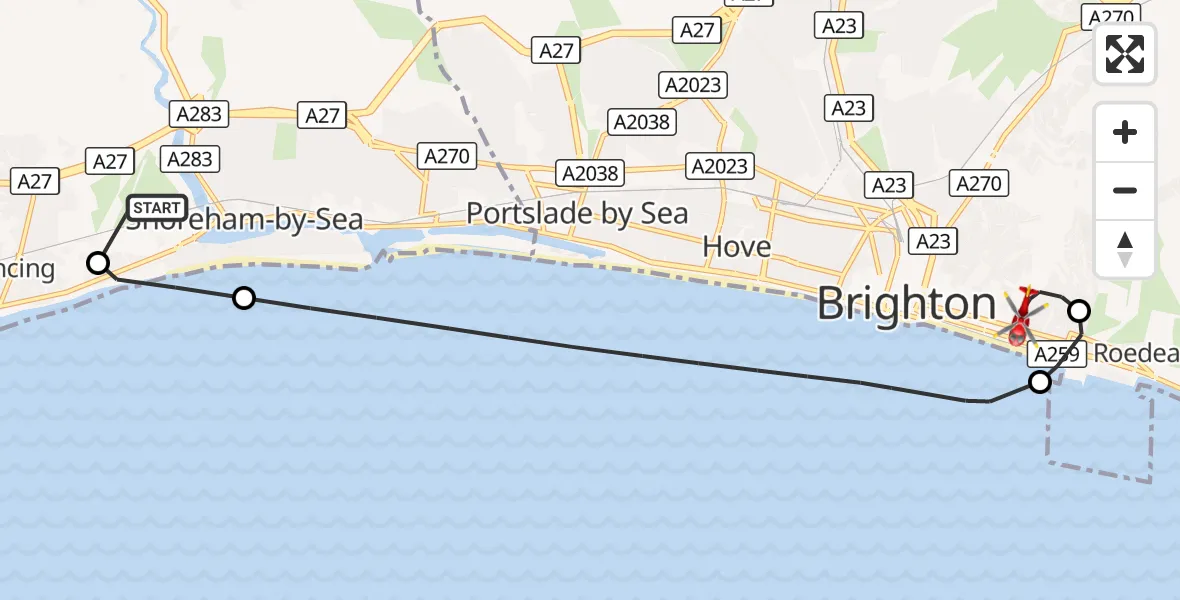 Flight route Air Ambulance Helicopter Brighton City Airport - Brighton, 22 September 2026, 13:15