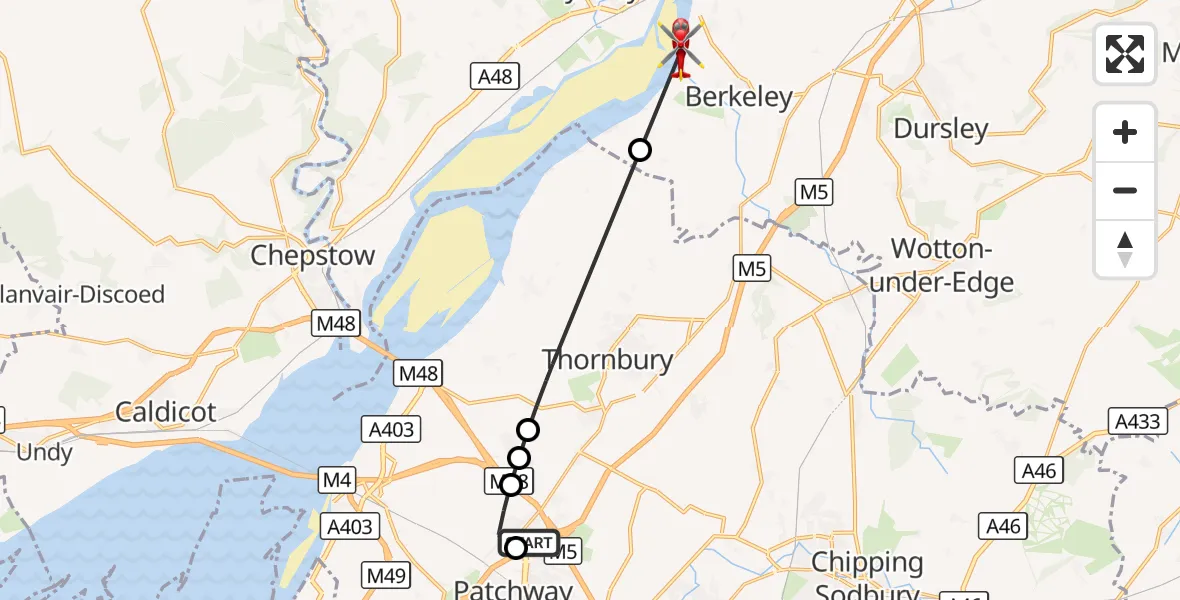 Flight route Air Ambulance Helicopter Almondsbury Helicopter Base - Stroud, 22 September 2026, 13:19