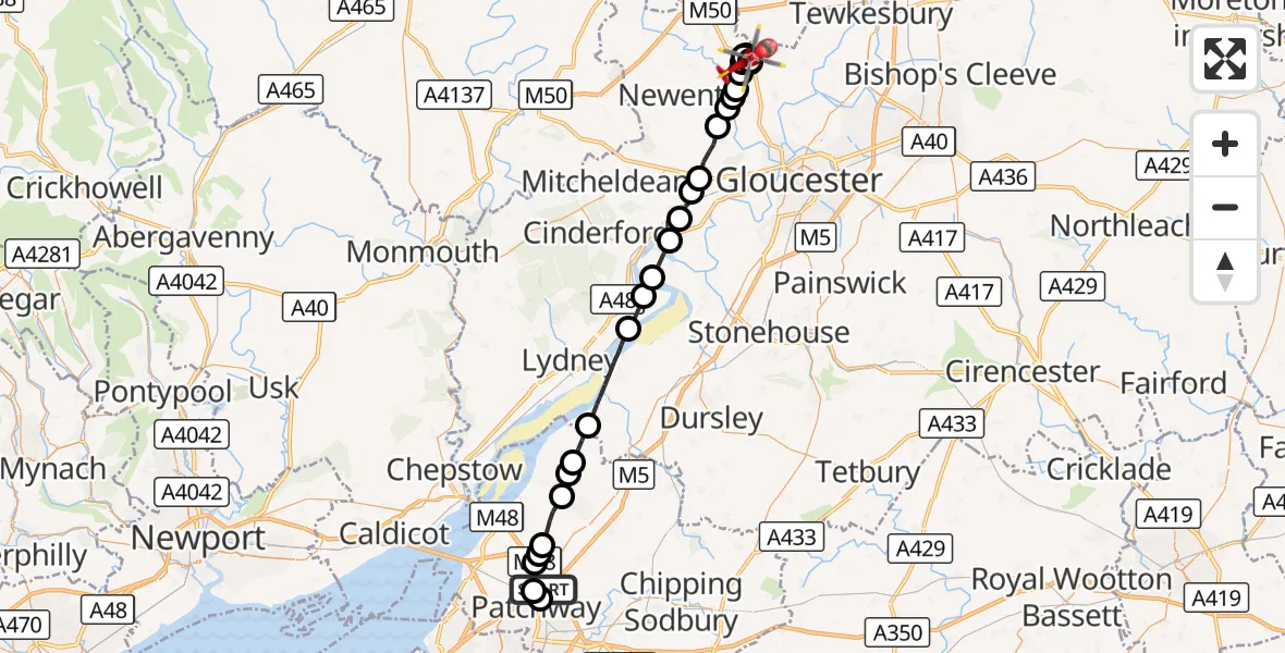 Flight route Air Ambulance Helicopter Almondsbury Helicopter Base - Staunton, 22 September 2026, 13:19