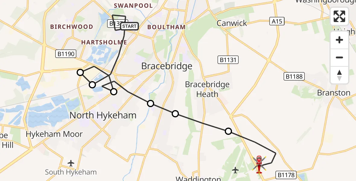 Flight route Air Ambulance Helicopter Bracebridge - North Kesteven, 22 September 2026, 13:20