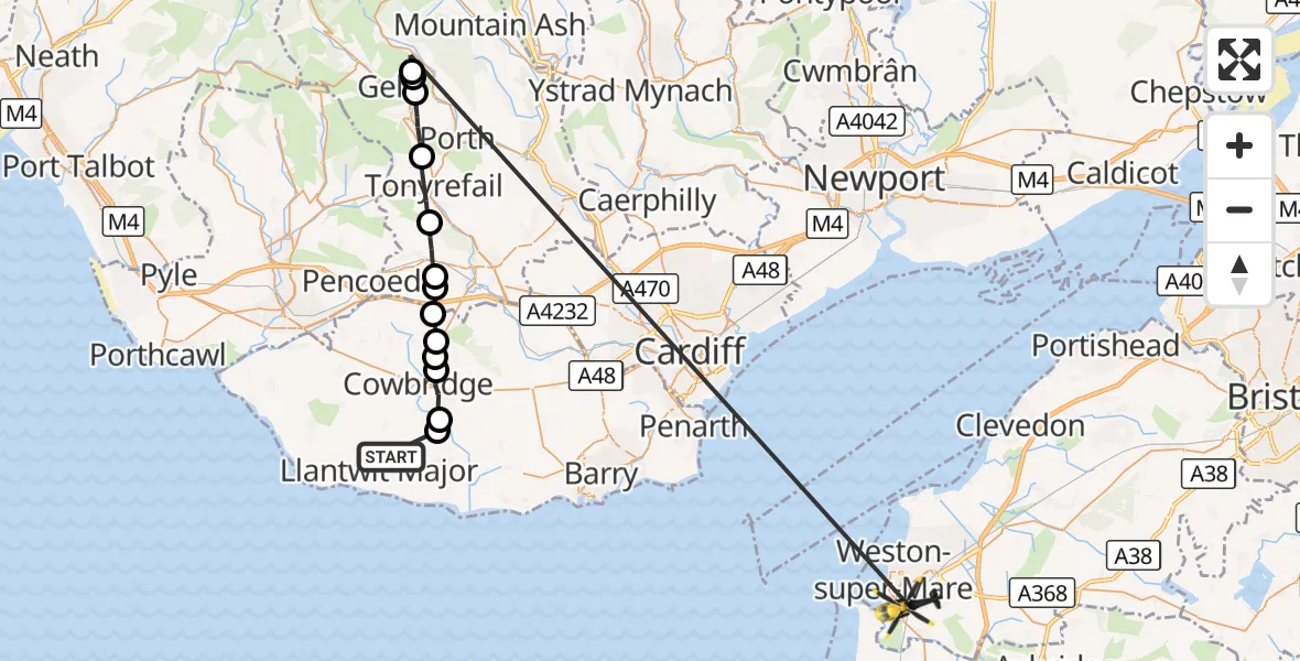 Flight route Police Helicopter Llanmaes - Weston-super-Mare, 22 September 2026, 13:22