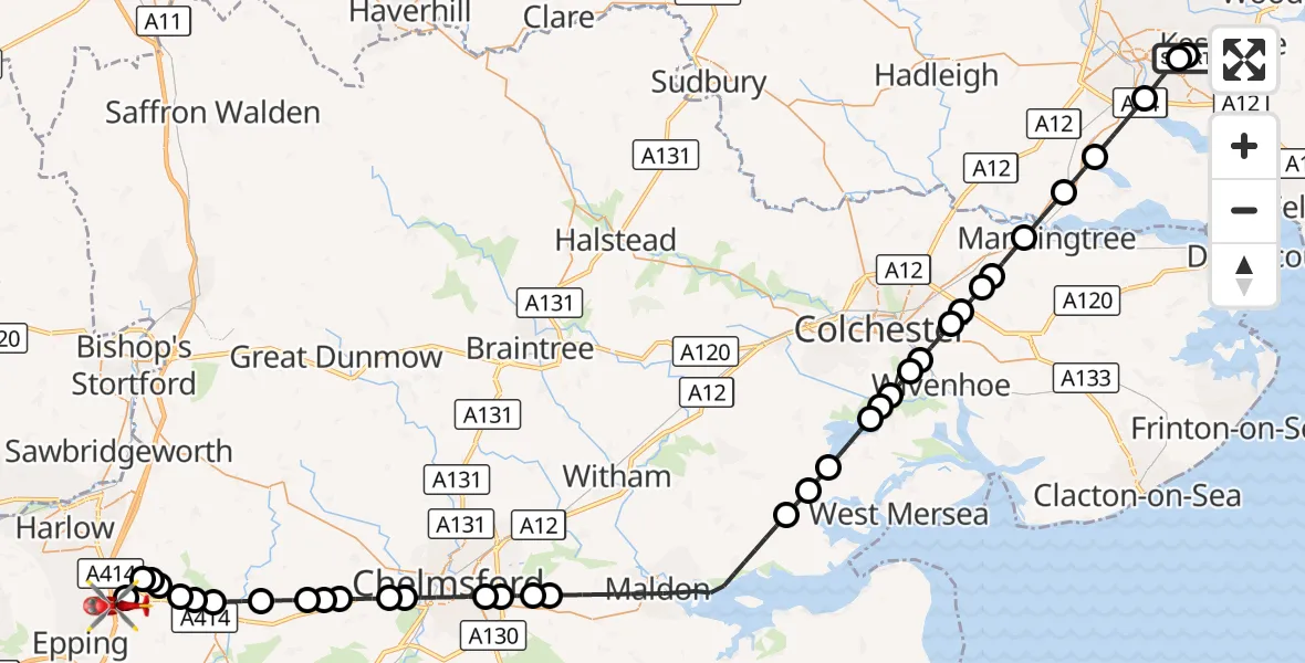 Flight route Air Ambulance Helicopter Ipswich Hospital - North Weald Airfield, 22 September 2026, 13:25