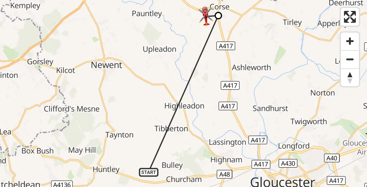 Flight route Air Ambulance Helicopter Bulley - Staunton, 22 September 2026, 13:29