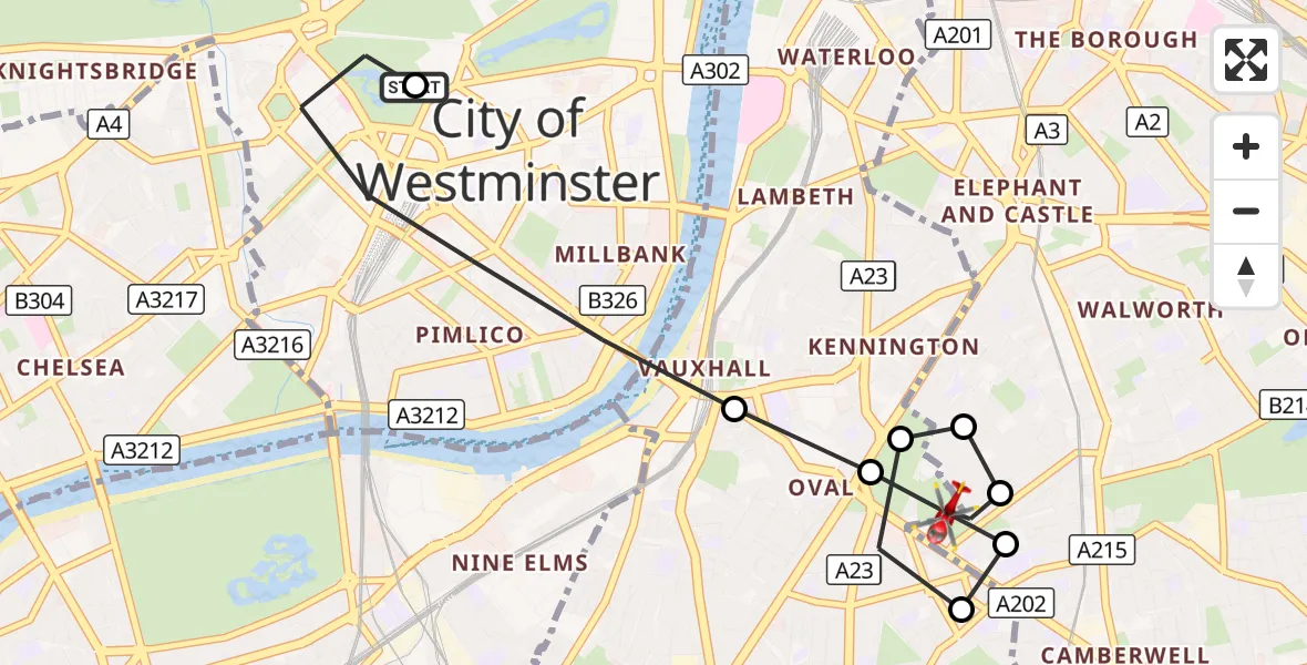 Flight route Air Ambulance Helicopter City of Westminster - Oval, 22 September 2026, 13:46