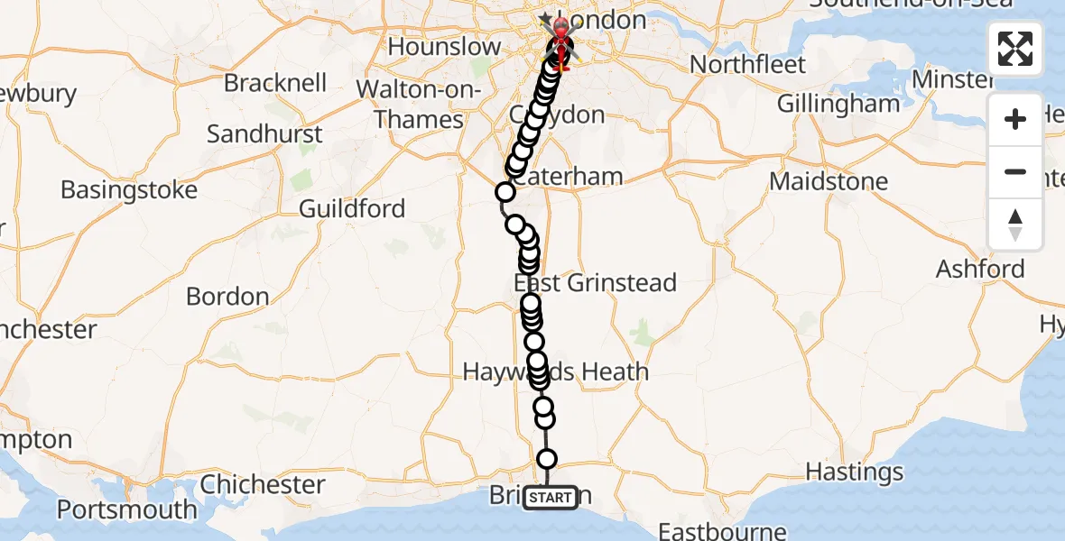 Flight route Air Ambulance Helicopter Brighton - Kings College London Hospital, 22 September 2026, 13:48