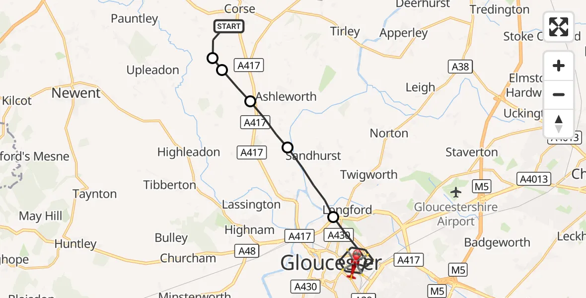 Flight route Air Ambulance Helicopter Staunton - Gloucester, 22 September 2026, 14:04