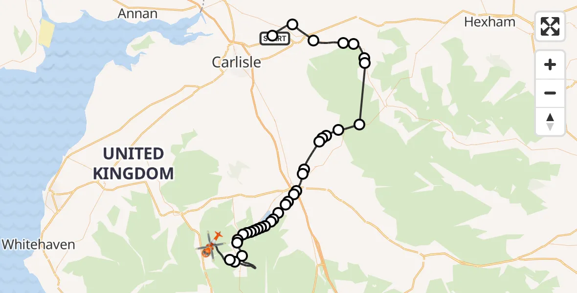 Flight route Coastguard Helicopter Carlisle Lake District Airport - Patterdale, 22 September 2026, 14:04