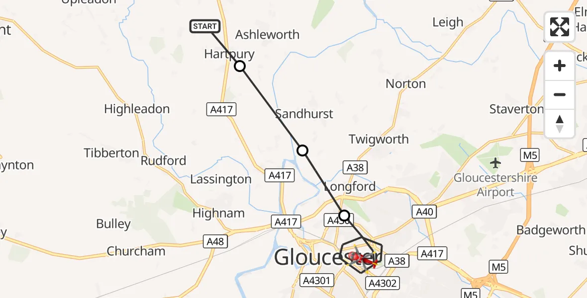 Flight route Air Ambulance Helicopter Forest of Dean - Gloucester, 22 September 2026, 14:05