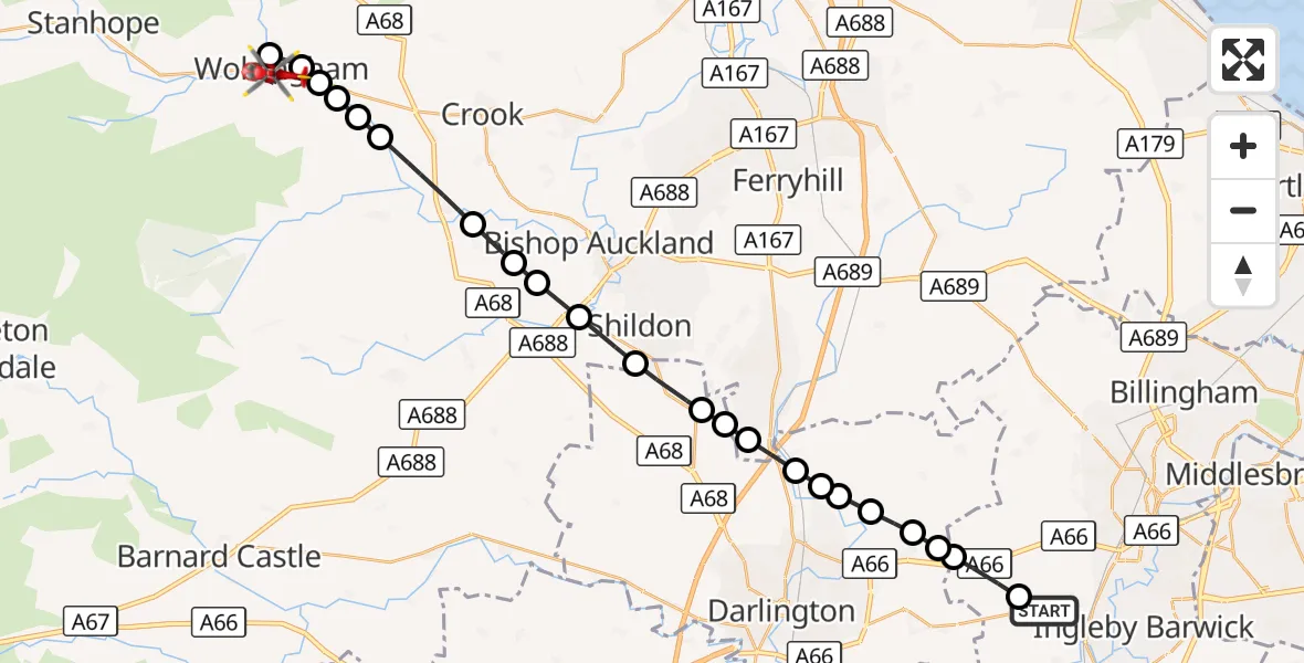 Flight route Air Ambulance Helicopter Egglescliffe - Wolsingham, 22 September 2026, 14:07