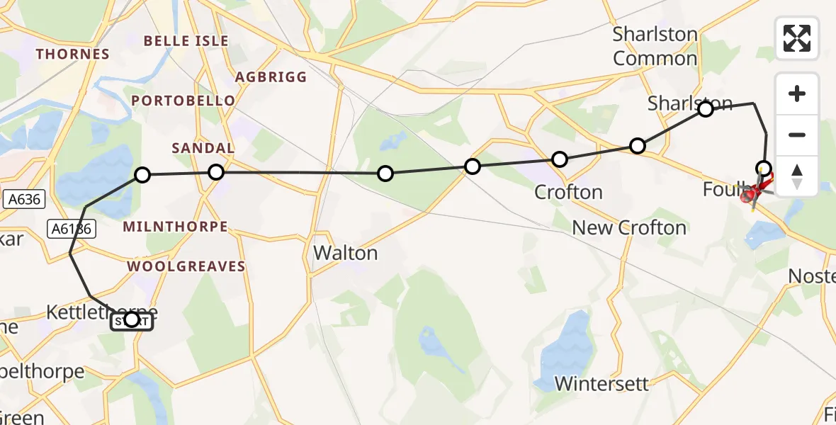 Flight route Air Ambulance Helicopter Kettlethorpe - YAA Nostell Helicopter Port, 22 September 2026, 14:10