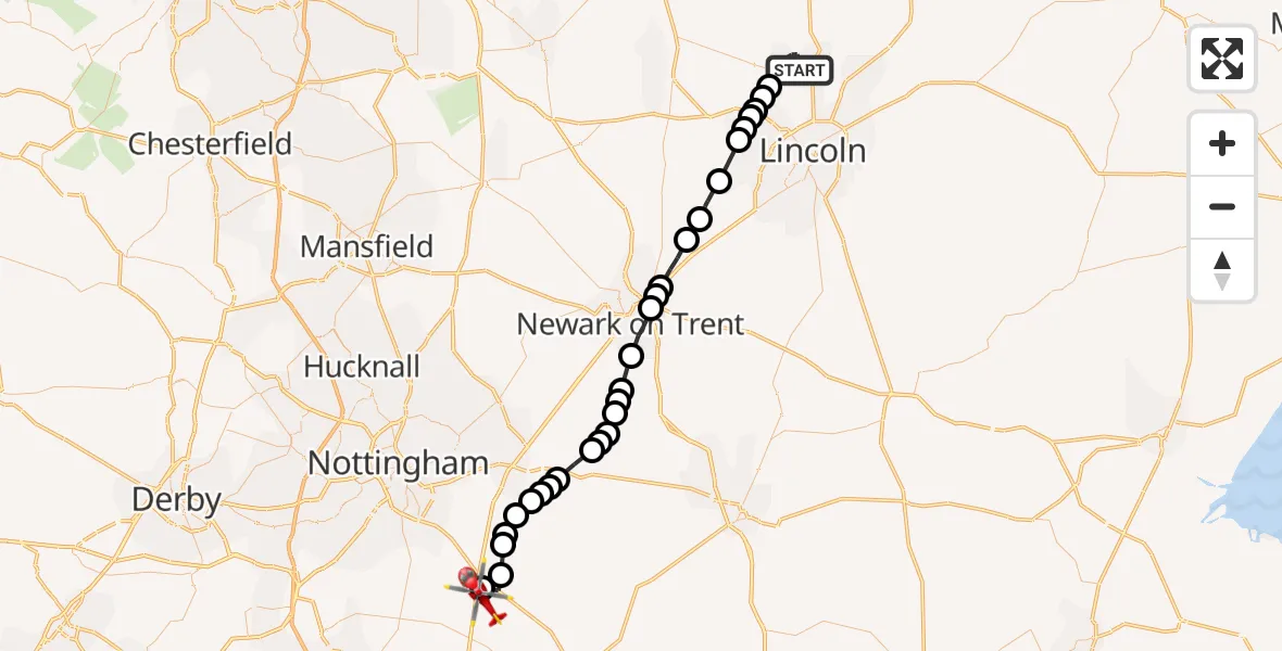 Flight route Air Ambulance Helicopter West Lindsey - Rushcliffe, 22 September 2026, 14:12