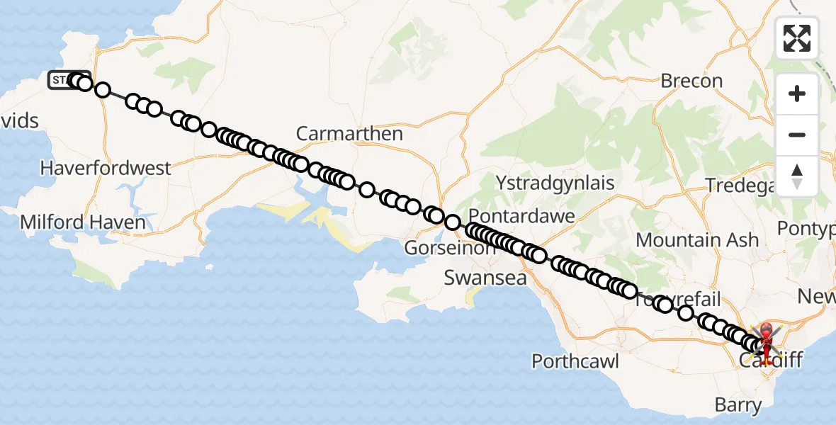 Flight route Air Ambulance Helicopter Mathry - Birchgrove, 22 September 2026, 14:15