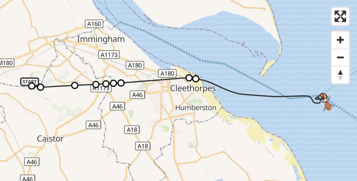 Flight route Coastguard Helicopter Humberside Airport - North Sea, 22 September 2026, 14:23