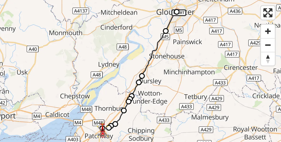 Flight route Air Ambulance Helicopter Gloucester Royal Hospital - Almondsbury Helicopter Base, 22 September 2026, 14:24