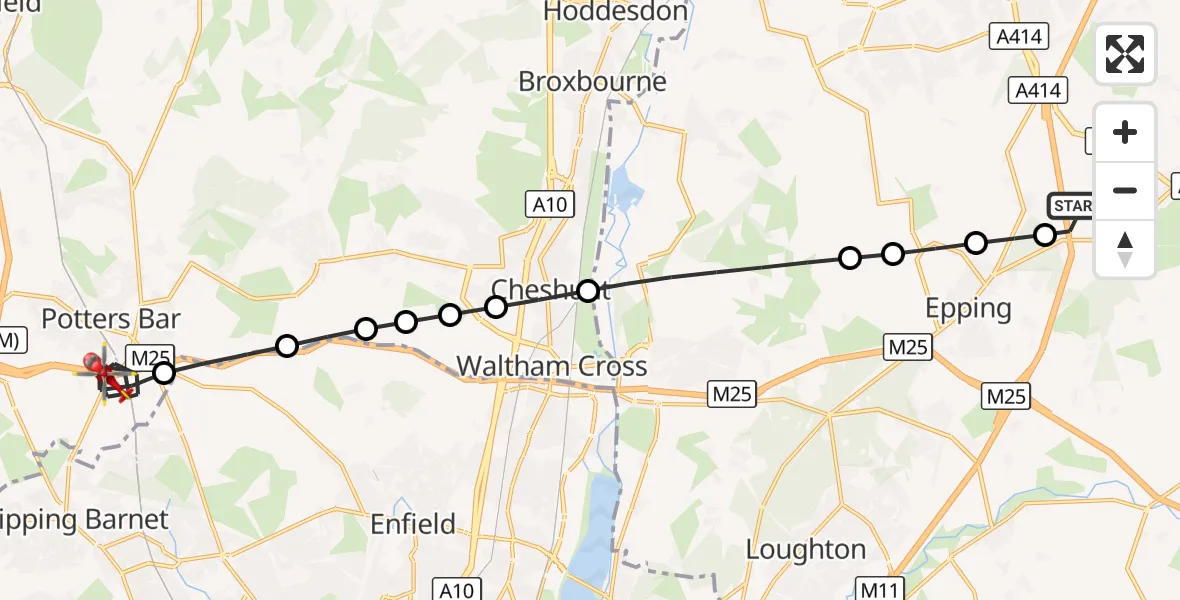 Flight route Air Ambulance Helicopter North Weald Airfield - Potters Bar, 22 September 2026, 14:25