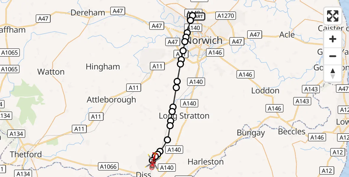 Flight route Air Ambulance Helicopter Norwich Airport - Burston, 22 September 2026, 14:31