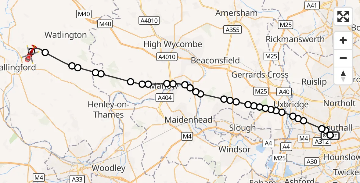 Flight route Air Ambulance Helicopter Ealing - RAF Benson, 22 September 2026, 14:32