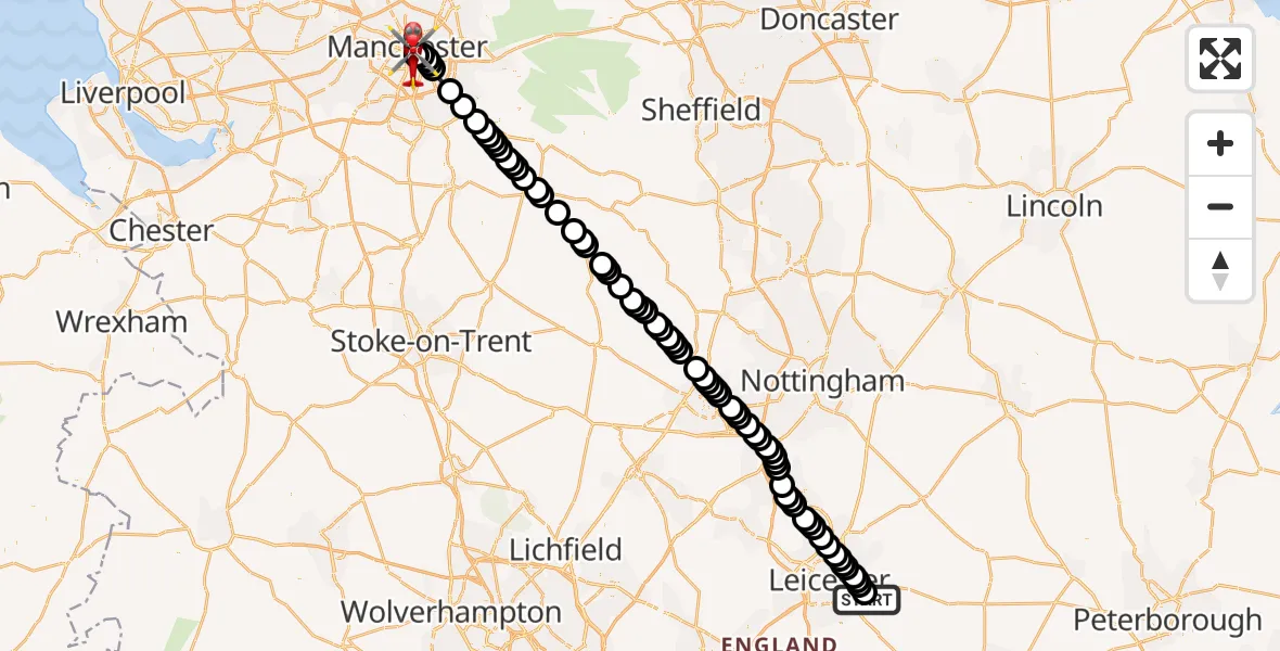 Flight route Air Ambulance Helicopter Leicester Airport - Chorlton-on-Medlock, 22 September 2026, 14:34