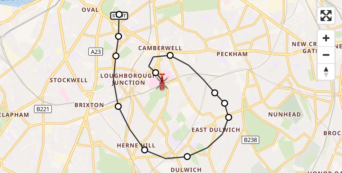 Flight route Air Ambulance Helicopter Camberwell - Kings College London Hospital, 22 September 2026, 14:39