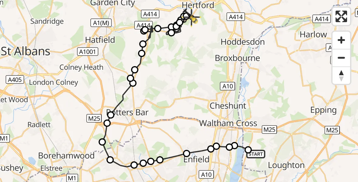 Flight route Police Helicopter Sewardstonebury - Hertford, 22 September 2026, 14:50