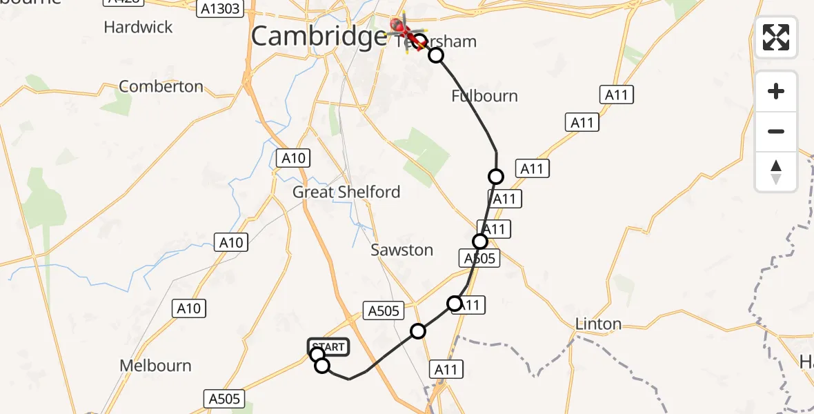 Flight route Air Ambulance Helicopter Duxford Aerodrome - Cambridge City Airport, 22 September 2026, 14:58