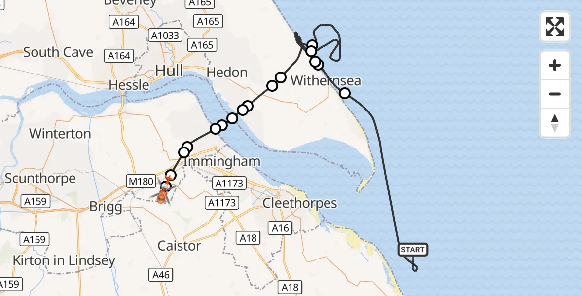 Flight route Coastguard Helicopter North Sea - Humberside Airport, 22 September 2026, 15:00