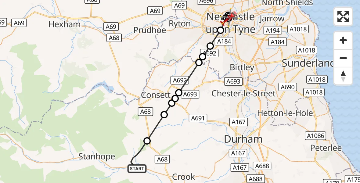 Flight route Air Ambulance Helicopter Wolsingham - Newcastle Royal Victoria Infirmary, 22 September 2026, 15:08